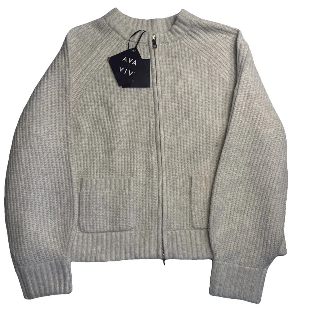 Ava & Viv 1X Oatmeal Zip Up Cardigan Ribbed Knit Cropped Sweater NWT